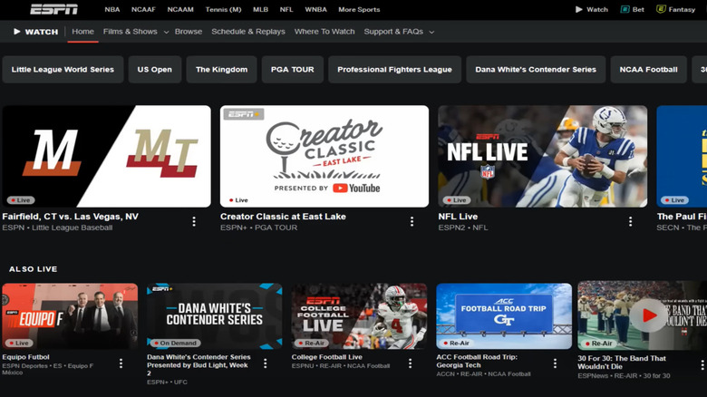 The ESPN app interface showcases live games and television programming.