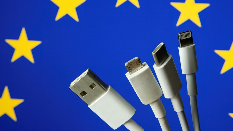 Multiple charging pins with EU flag in the background.