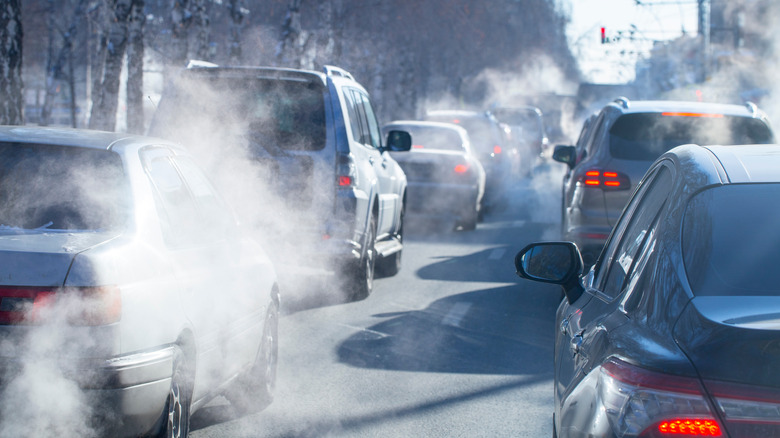 Cars stuck on a road.