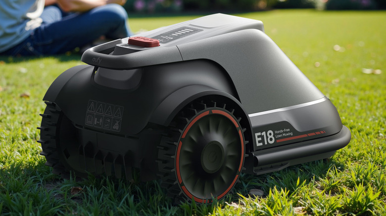 Eufy robotic lawn mower on grass
