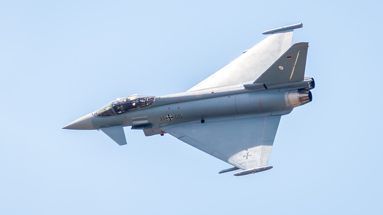 A Eurofighter Typhoon making a pass at an airshow