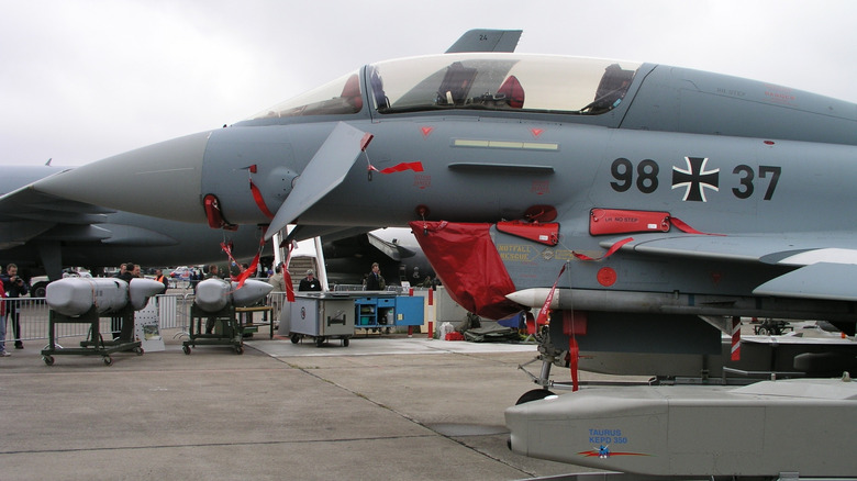 Luftwaffe Eurofighter Typhoon EF2000 (98+37) with Taurus KEPD 350 Air-to-Ground Long Range Missile, Meteor missile, IRIS-T missile at the Berlin airshow (ILA) 2004.