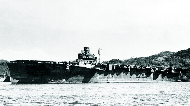 junyo aircraft carrier moored black white photo