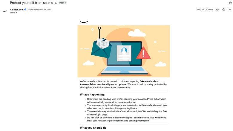 Email from Amazon.com warning about Prime scam