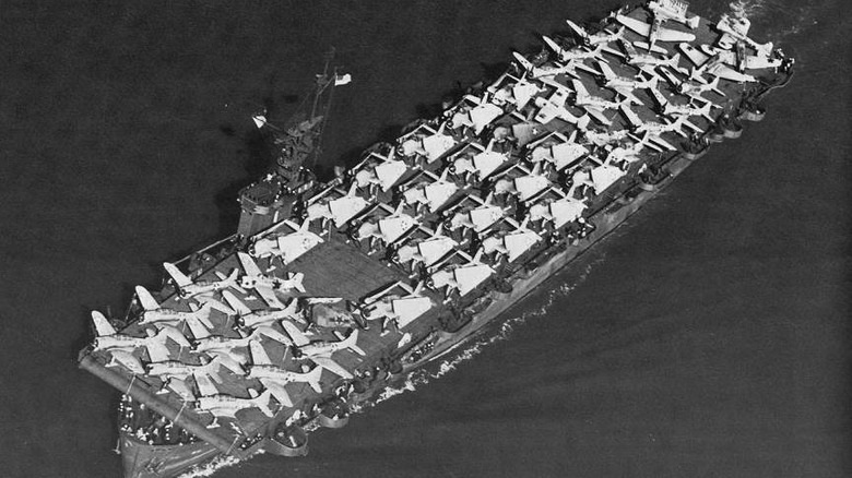 American aircraft carrier USS Liscome Bay loaded with planes