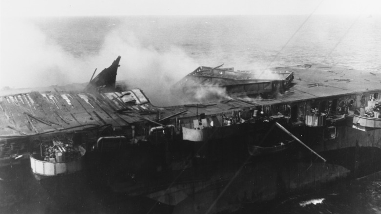American aircraft carrier USS Princeton after being hit by a Japanese bomb