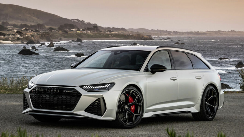 Silver Audi RS6 Avant parked on a road