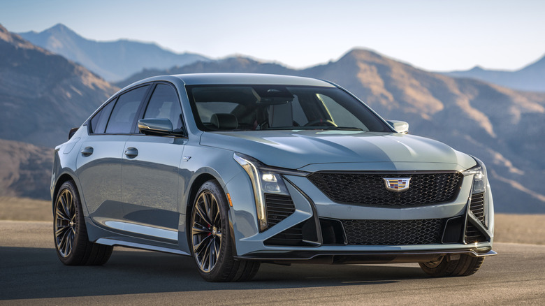 Blue Cadillac CT5-V Blackwing parked on a road
