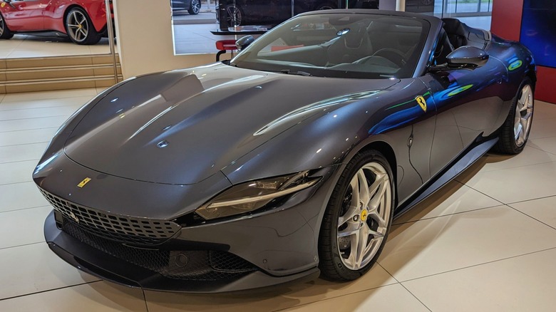 Gray Ferrari Roma Spider on display