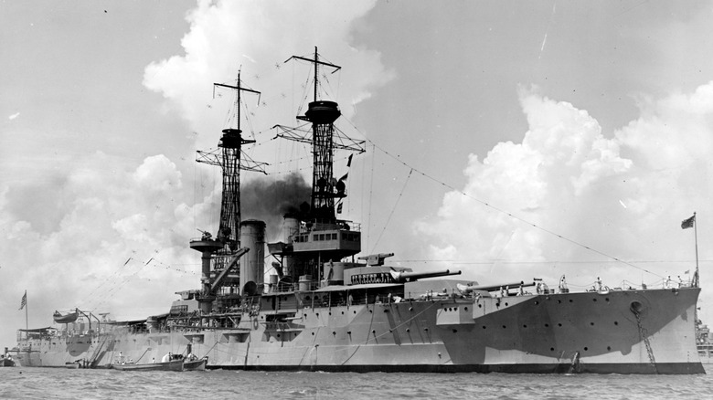 The USS Florida anchored in a harbor in 1921