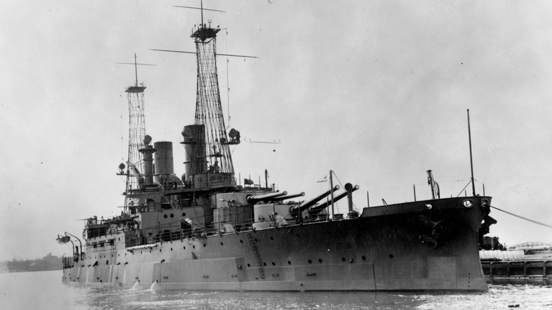 The USS South Carolina anchored at port in 1910