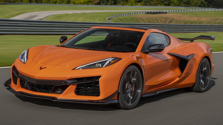 Orange C8 Corvette Z06 on a track