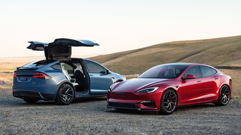 Group shot of a red Tesla Model S and blue Model X parked on gravel in hilly setting