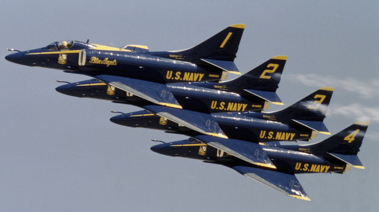 Douglas A-4F Skyhawk II jet fighters of the US Navy Blue Angels flying in formation