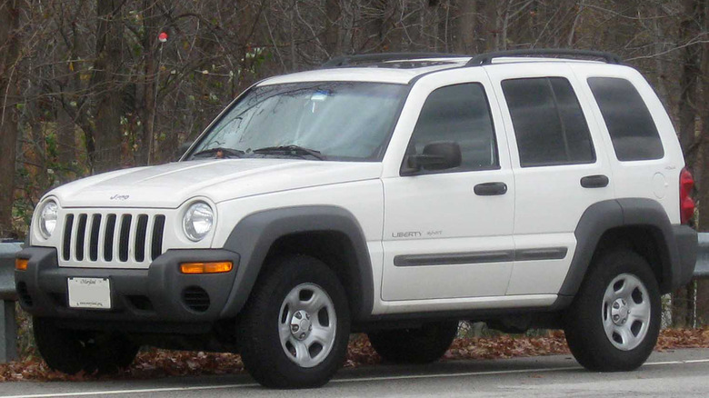 A white Jeep Liberty parked near some trees