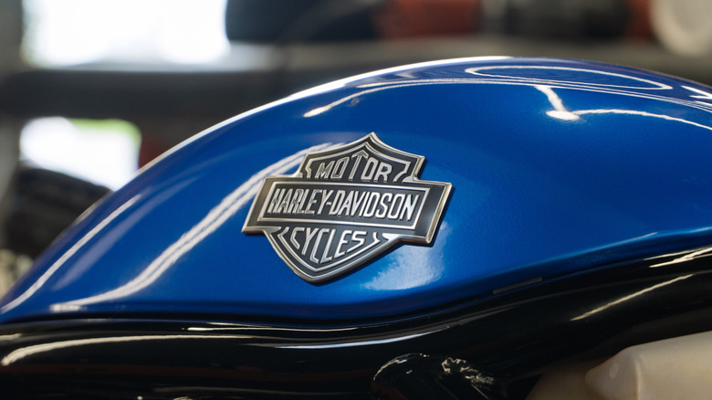 Shiny Blue Harley-Davidson Heritage Softail with chrome details, black leather saddlebagson in city street