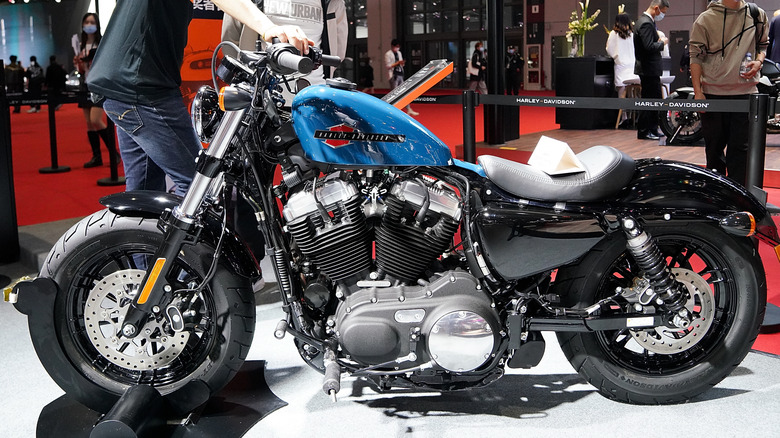 A Harley-Davidson sportster motorcycle is displayed during the 19th Shanghai International Automobile Industry Exhibition