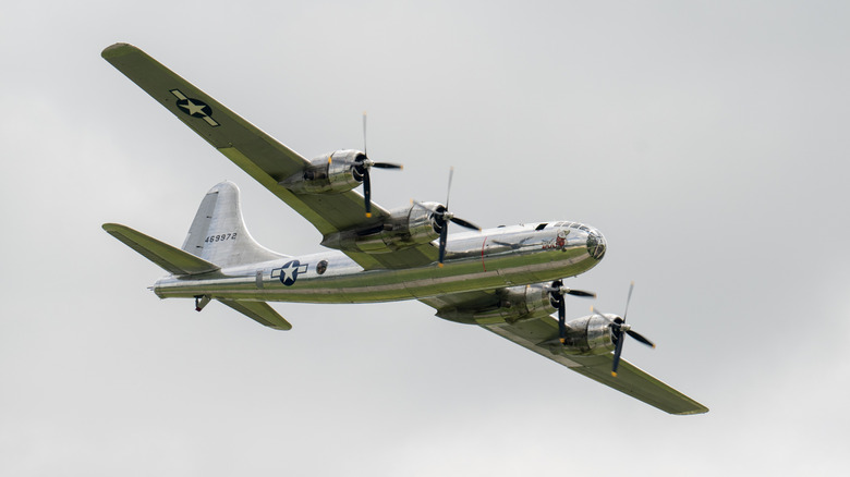 Silver B-29 Superfortress in flight
