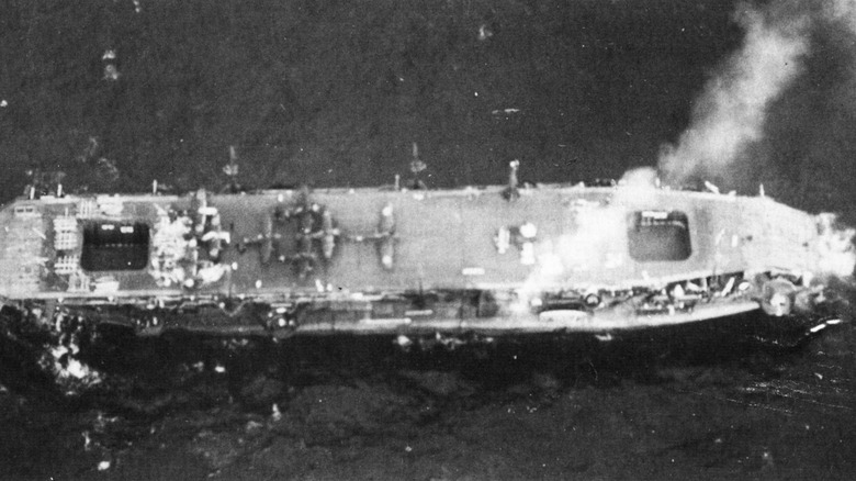 Japanese escort carrier Unyō after taking damage in stormy seas