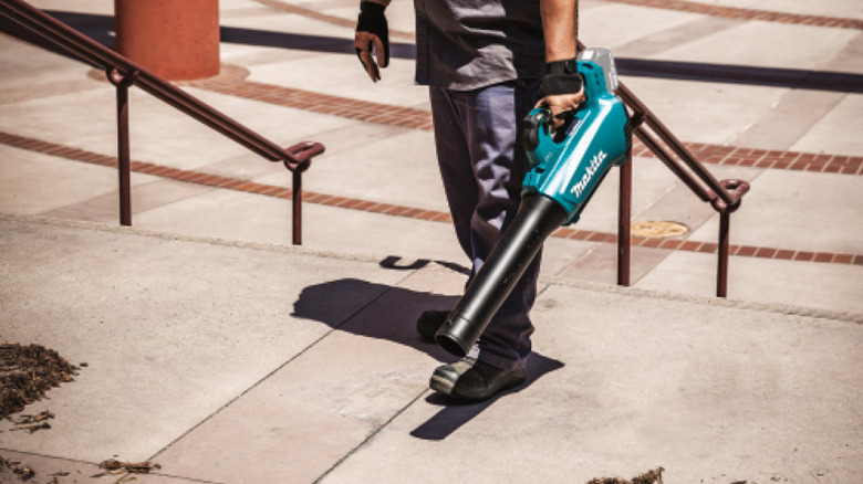 Person clearing leaves with Makita leaf blower
