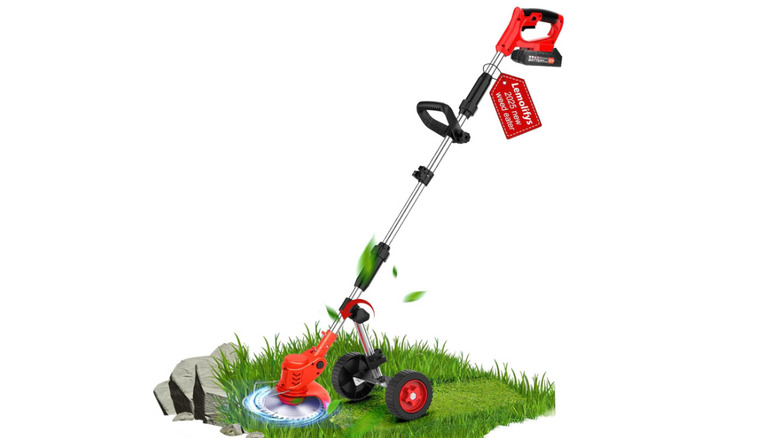 A red 4000mAh 21V Brush Cutter with wheels by Lemolifys