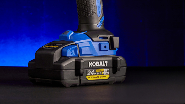 The bottom of a Kobalt cordless drill with a 24V battery attached
