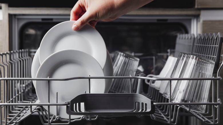 Female hand loading dishes, Woman takes a plate from the dishwasher 