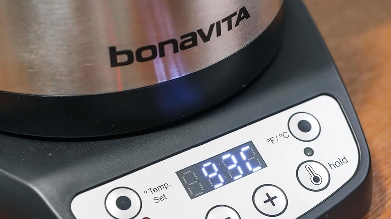 Closeup of the base of a Bonavita electric kettle showing a temperature