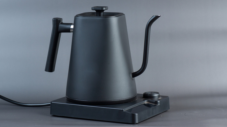 Gooseneck electric kettle sitting on a bass against a gray background