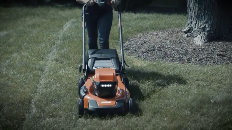 Echo Lawn Mower being pushed over a grass yard