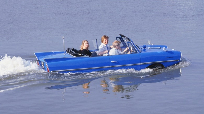 Blue Amphicar in the water