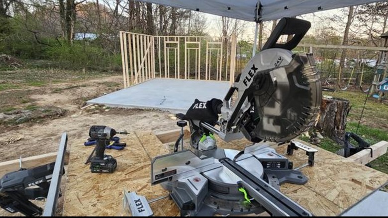 Flex miter saw on a jobsite