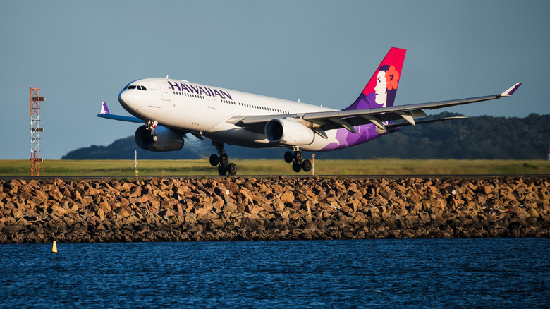 hawaiian airplane taking off in flight