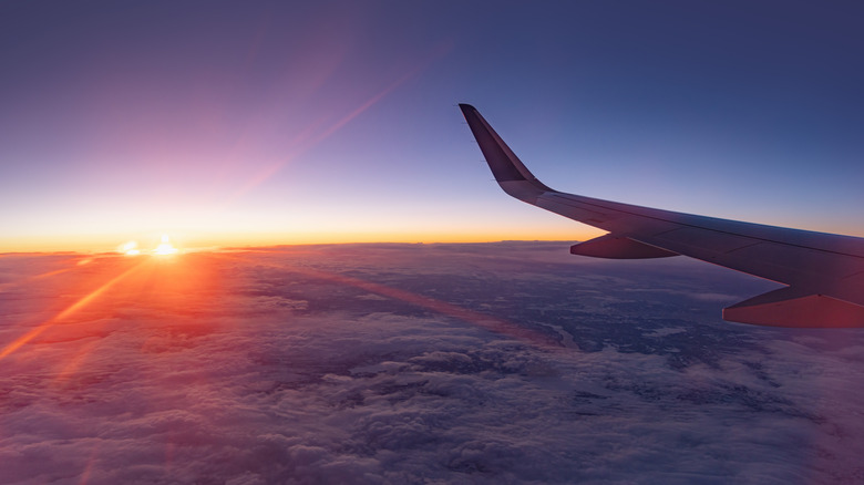 airplane wing in front of a setting sun