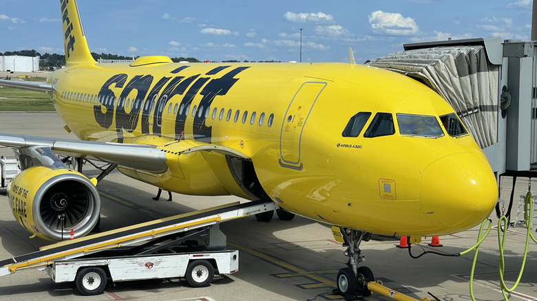 spirit airplane parked at airport