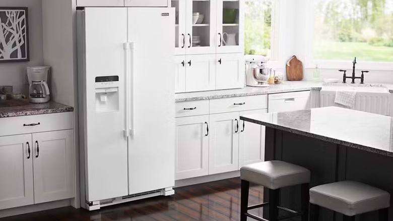A white Maytag fridge in a bright kitchen