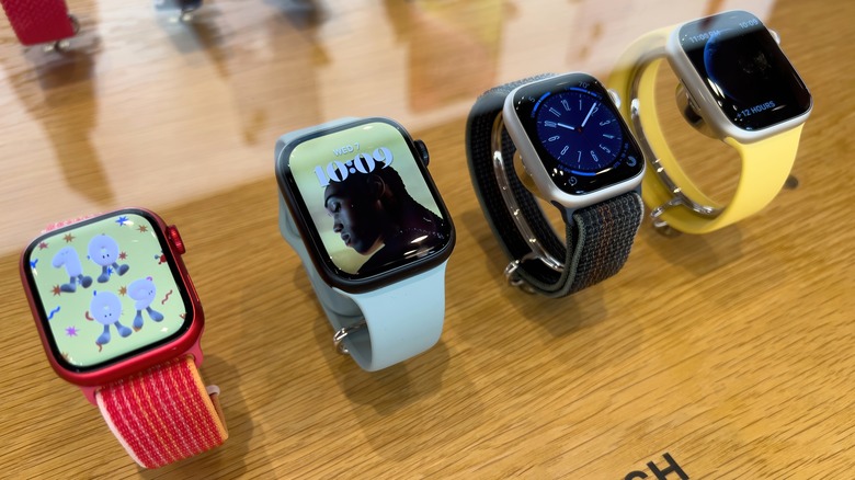 A row of Apple Watches