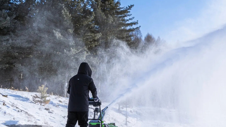 A person from behind using a green Greenworks snow blower