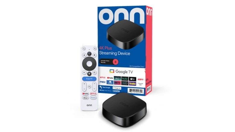 Walmart Onn 4K Plus, remote, and box on white background