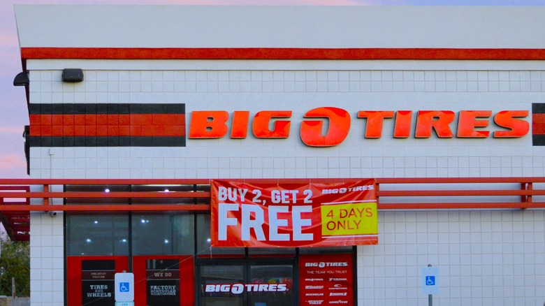 Big O Tires' storefront with sale sign