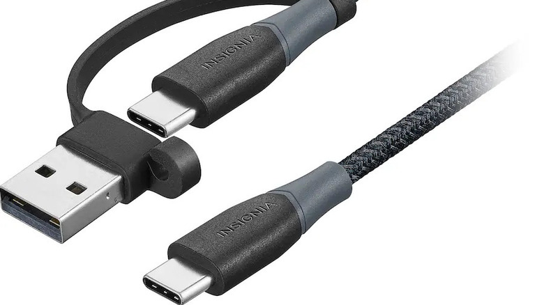 A black braided Insignia USB-C cable with USB-C and USB-A connectors.