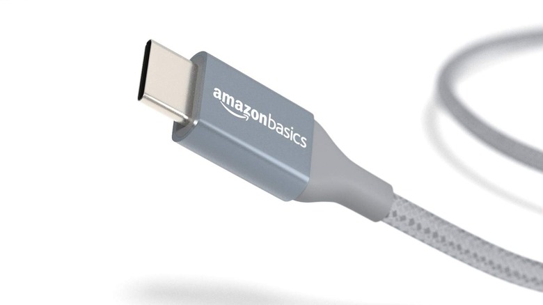 A braided gray Amazon Basics USB-C cable against a white background.