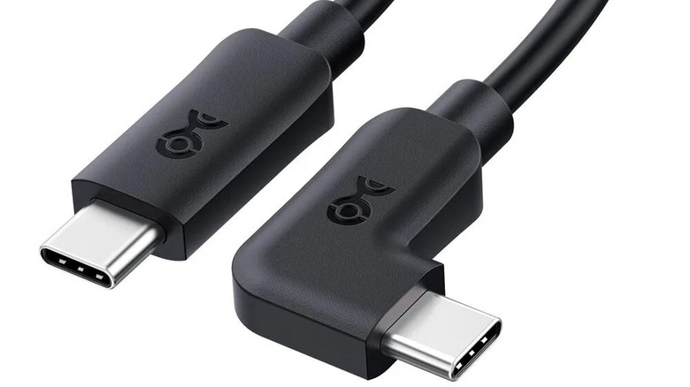 A black Cable Matters USB-C cable with a straight and right-angle connector against a white background.