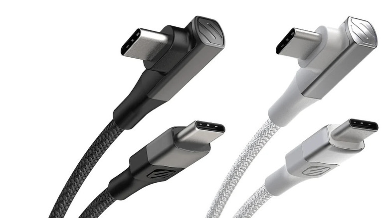 Black and silver braided Scosche USB-C cables with straight and right-angle connectors against a white background.