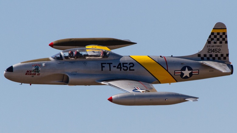 A Lockheed T-33 Shooting Star flying during an air show