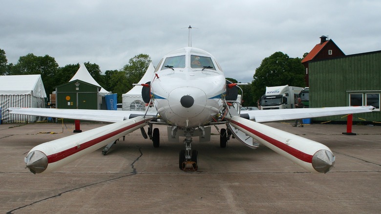 A front view of a North American Sabreliner 40A parked on a tarmac