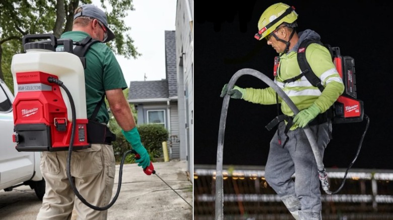 Two men using Milwaukee backpack pwoer tools
