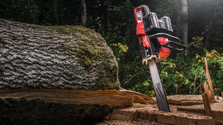 M18 Fuel 20-Inch Dual-Battery Chainsaw impaled on a tree stump like a sword