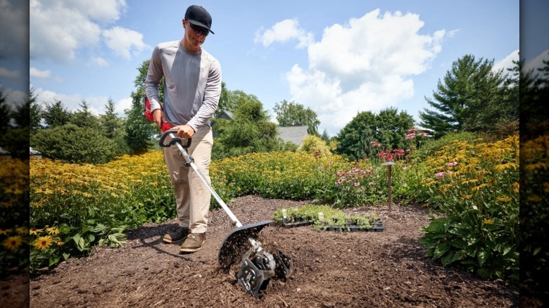 A person uses a Quik-Lok cultivator to turn over the soil in a large garden bed.