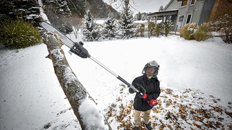 A person with a face shield uses a Quik-Lok pole saw to cut through a large branch.